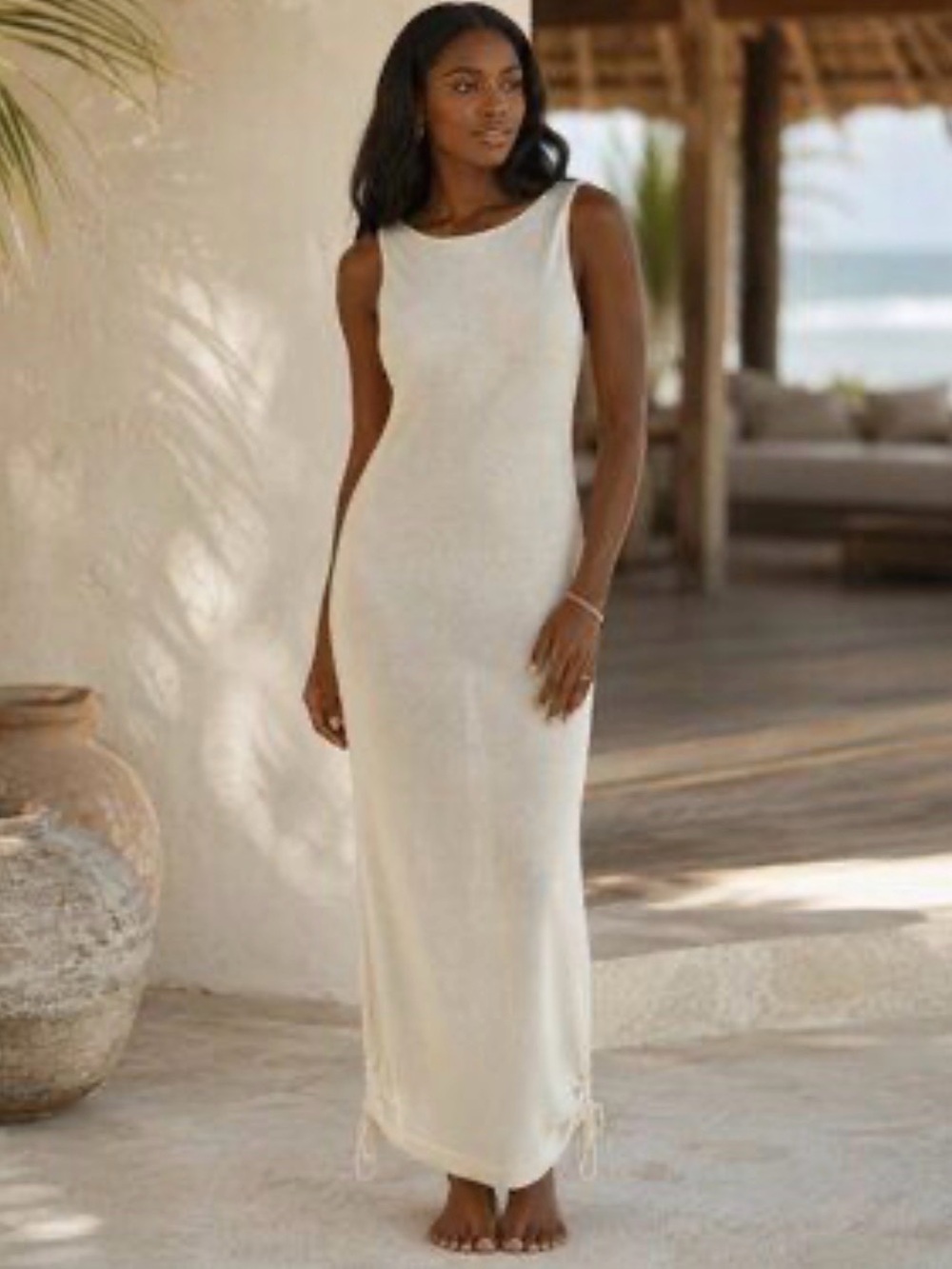 Gabrielle Union Ivory Sleeveless Maxi Knit Dress Side Drawstring XL NWOT